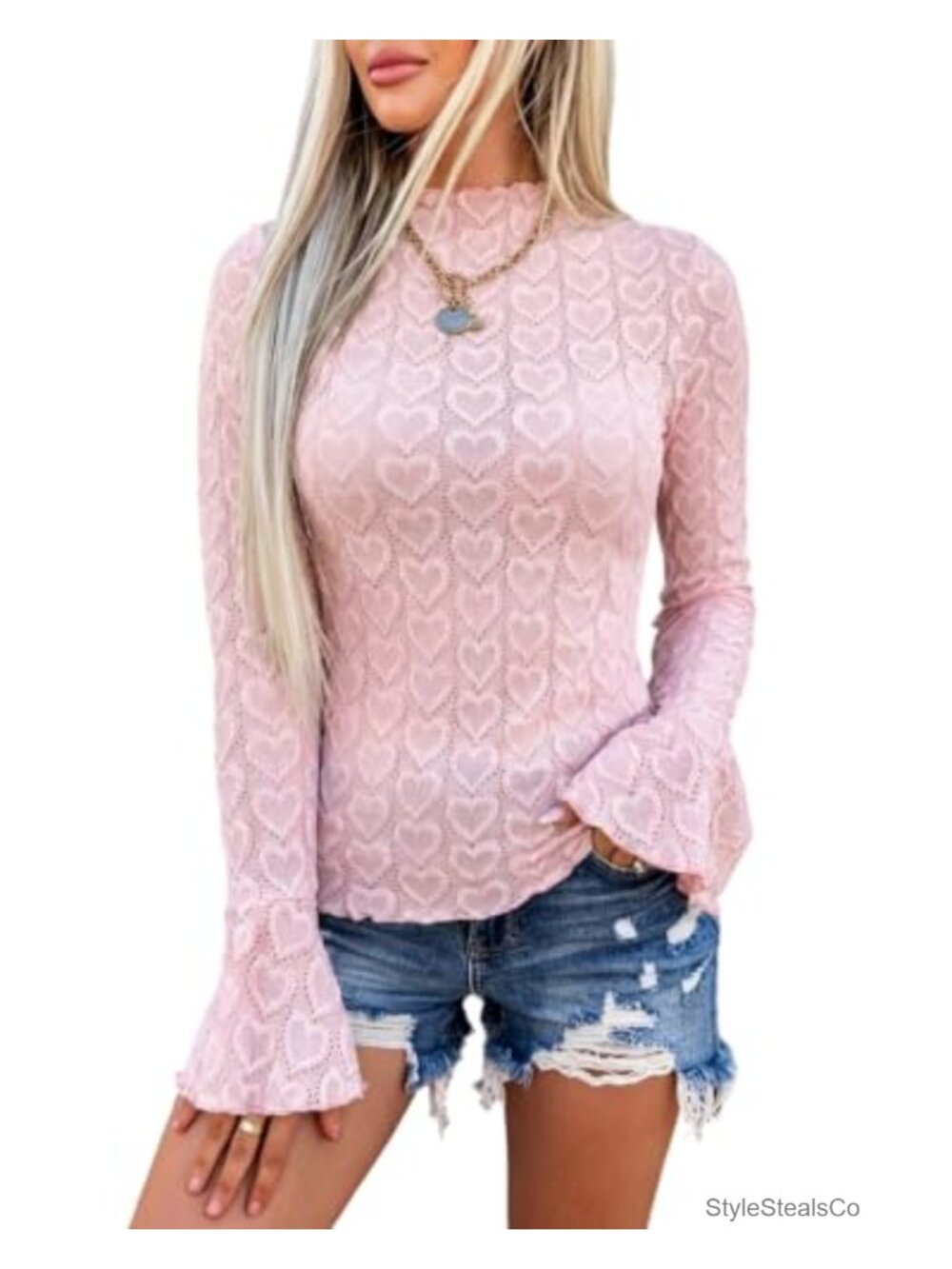 Mock Neck Bell Sleeve Pointelle Knit Blouse Women's Long Sleeve